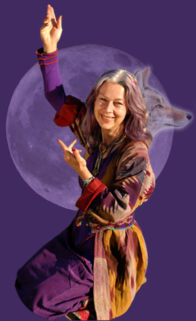 Caroline Casey with moon and coyote